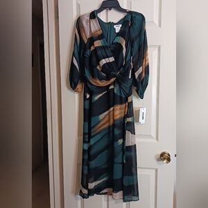 DKNY Dark Green and Brown Long Sleeve Dress